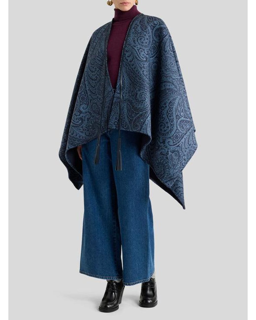 Etro Blue Wool And Cashmere Jacquard Cape