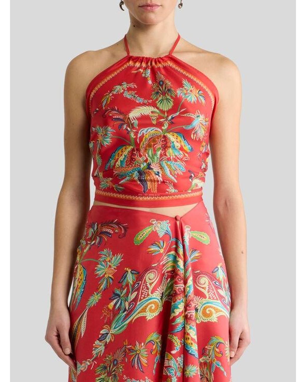 Etro Red Silk Top With Halterneck And Paisley Foliage Motif