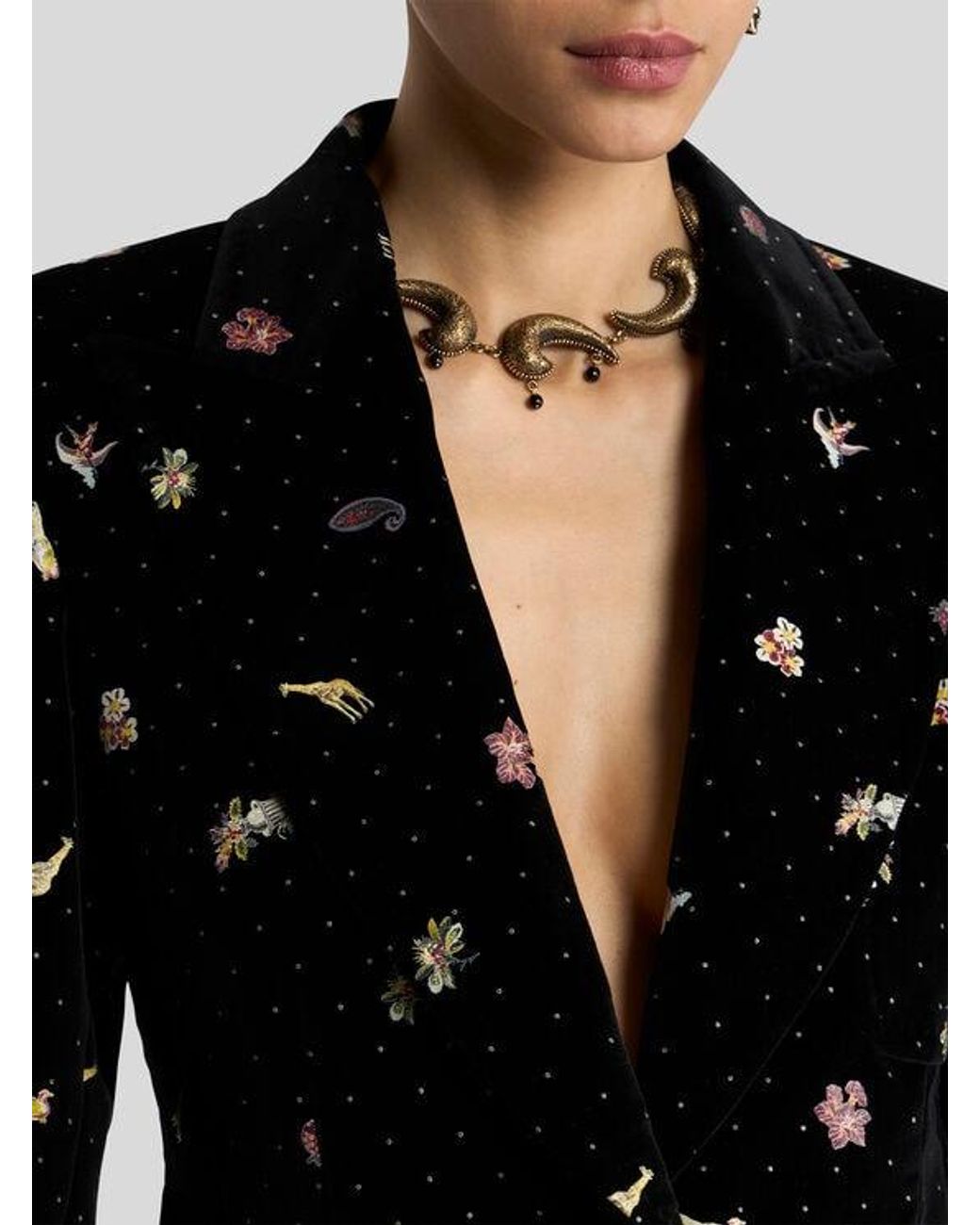 Etro Black Single-Breasted Cotton Velvet Jacket With Flower And Animal Motif