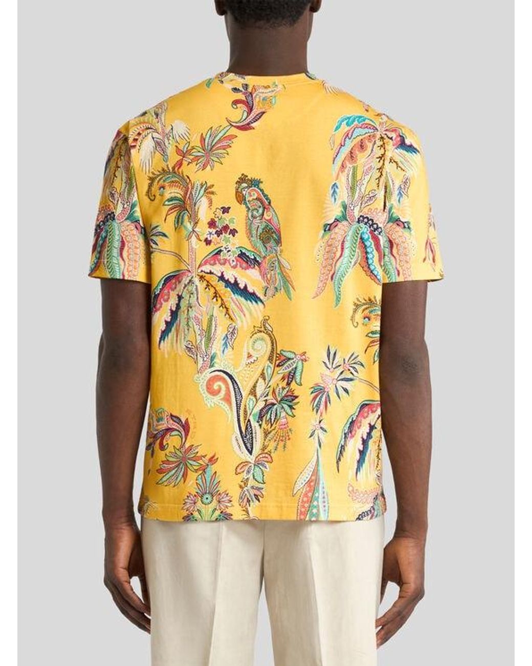 Etro Yellow Cotton Jersey T-Shirt With Parrot And Palm Tree Motif for men