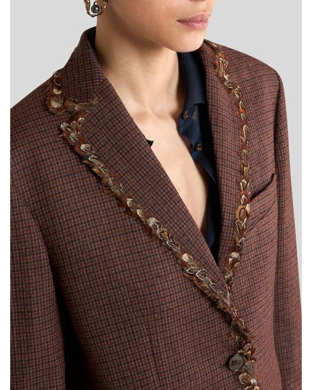 Etro Brown Single-Breasted Wool Jacket With Pheasant Feathers And Micro Houndstooth Motif