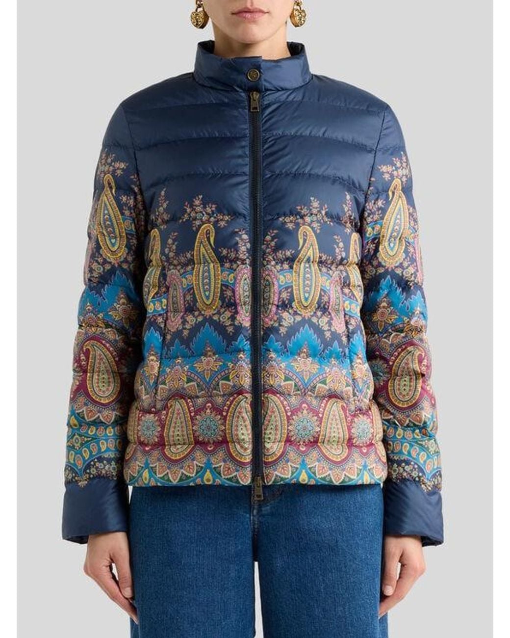 Etro Blue Down Jacket With Placed Paisley Print