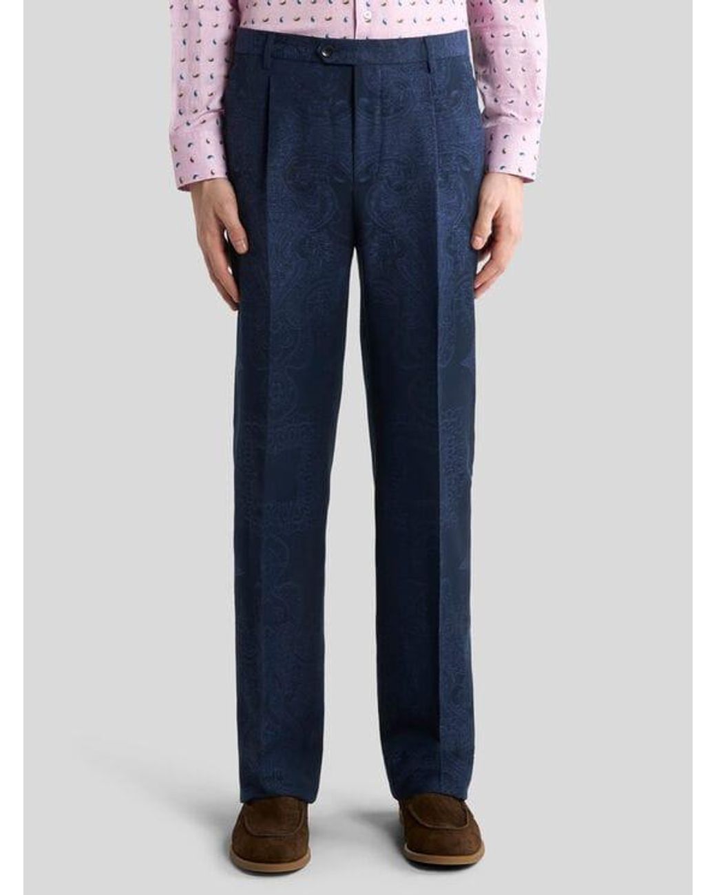 Etro Blue Cotton-Blend Jacquard Trousers With Placed Floral Paisley Motif for men