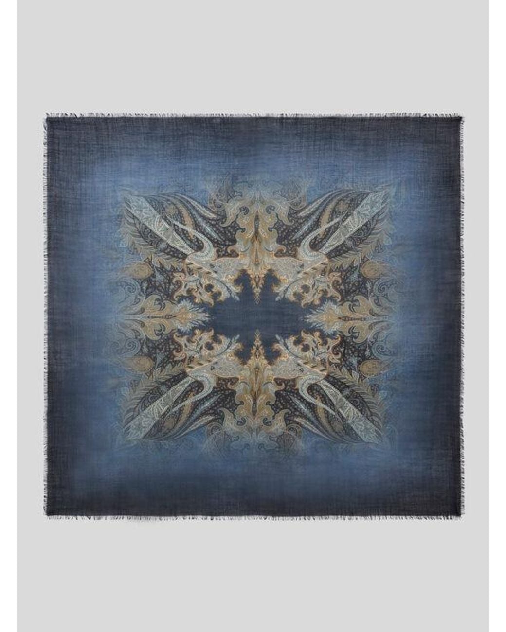 Etro Blue Wool And Silk Scarf With Faded Floral Paisley Motif for men