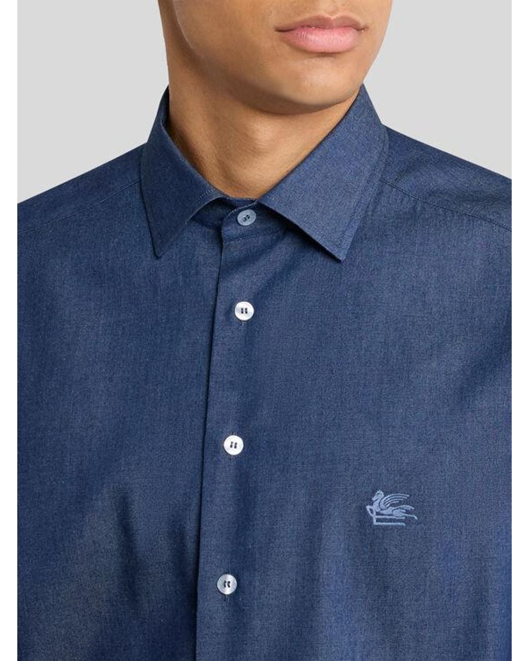 Etro Blue Chambray Shirt With Logo for men