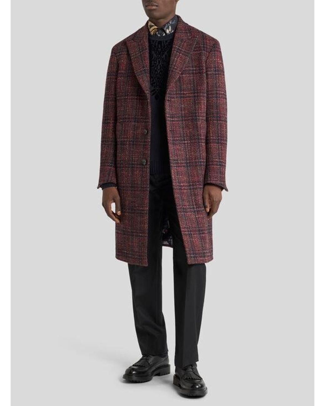 Etro Purple Wool And Cashmere Coat With Check Motif for men