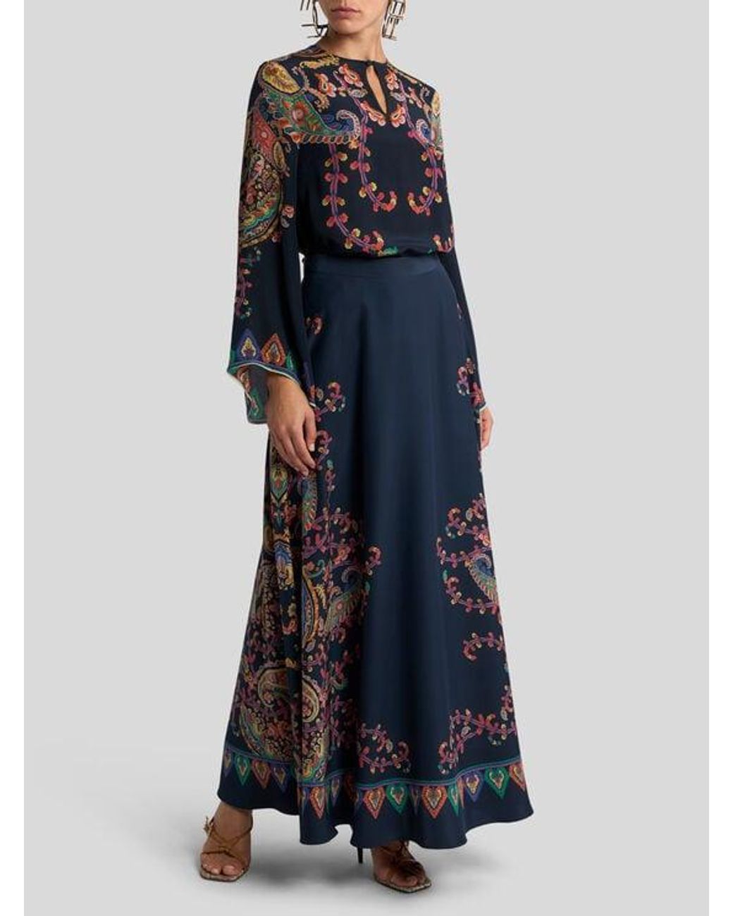 Etro Blue Silk Maxi Skirt With Placed Floral Paisley Print