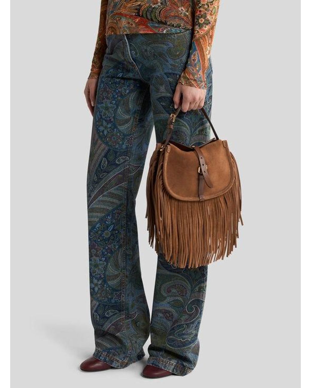 Etro Brown Small Suede Pony Bag With Fringes