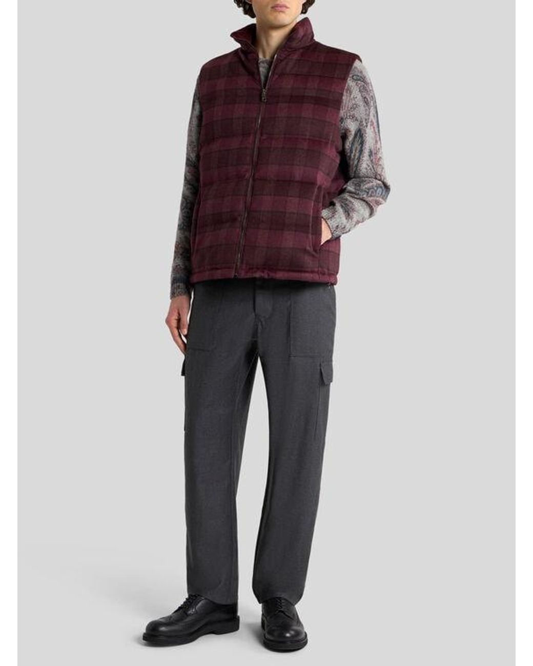Etro Red Wool And Cashmere Down Gilet With Check Motif for men