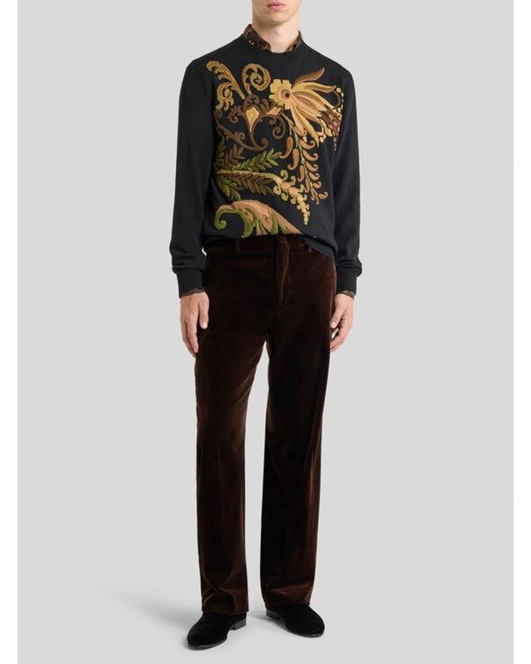 Etro Black Wool Jacquard Sweater With Floral Embroidery for men
