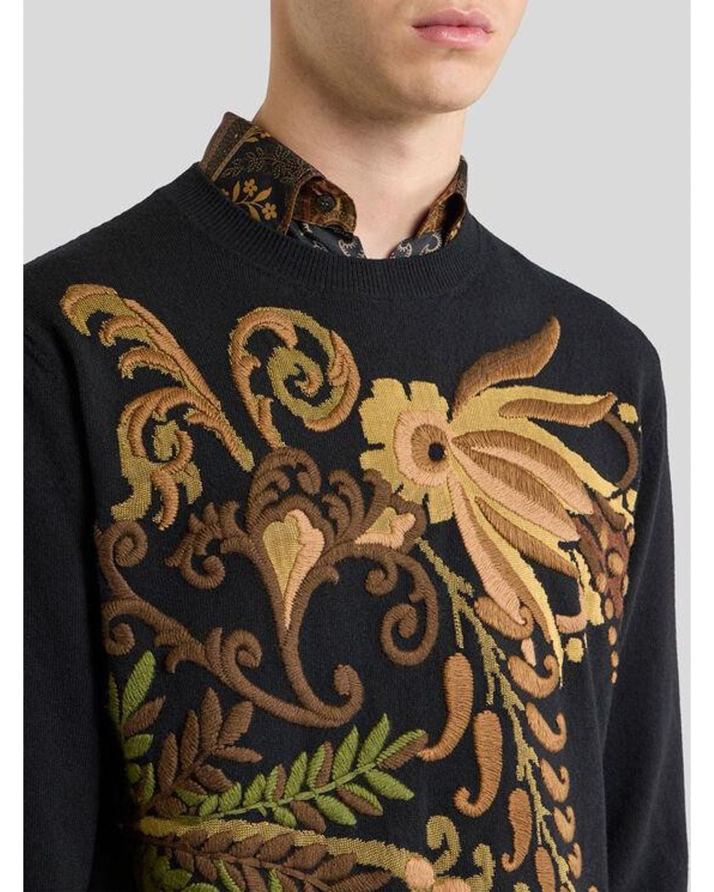 Etro Black Wool Jacquard Sweater With Floral Embroidery for men