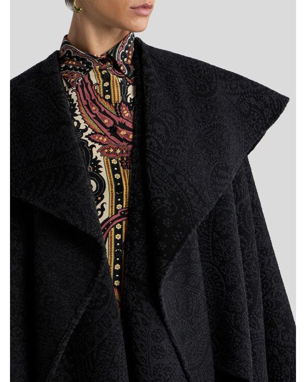 Etro Black Wool-Blend Jacquard Cape With Paisley Foliage Motif
