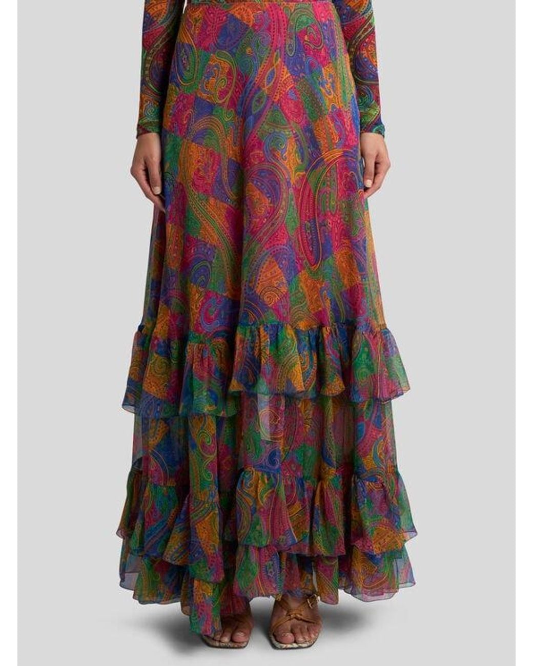 Jupe Longue En Crépon De Soie À Volants Et Motif Paisley Géométrique, Femme, Taille Etro en coloris Red