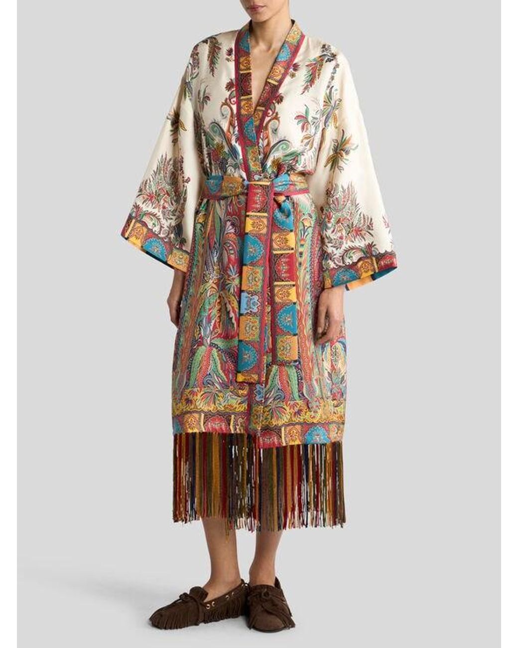 Etro White Silk Duster With Fringing And Placed Paisley Foliage Print