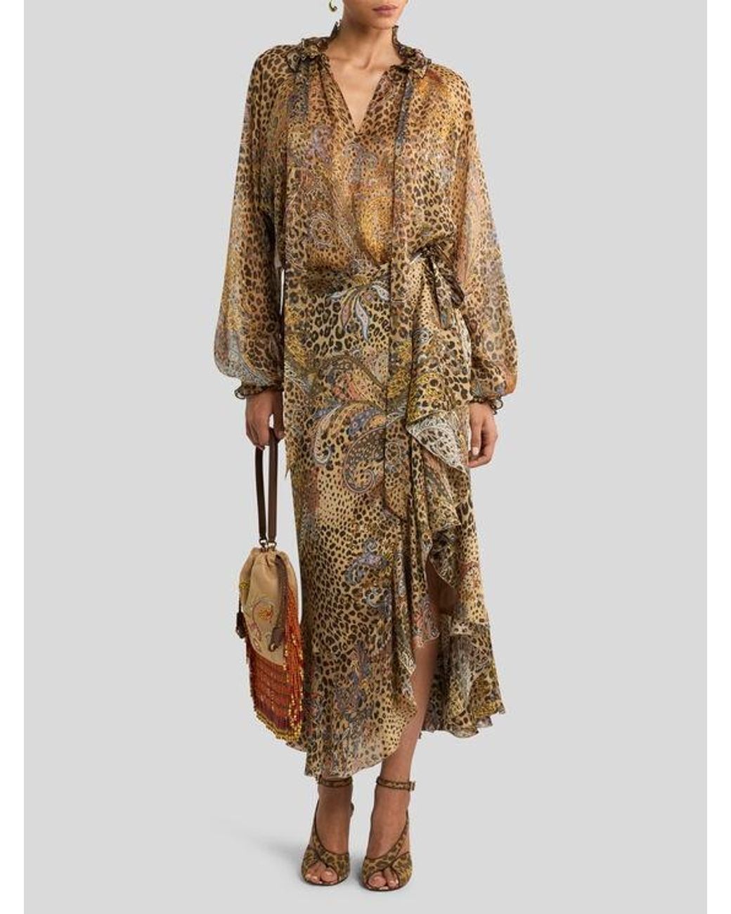 Etro Natural Peau D'Ange Silk Midi Wrap Skirt With Paisley And Animal Motif