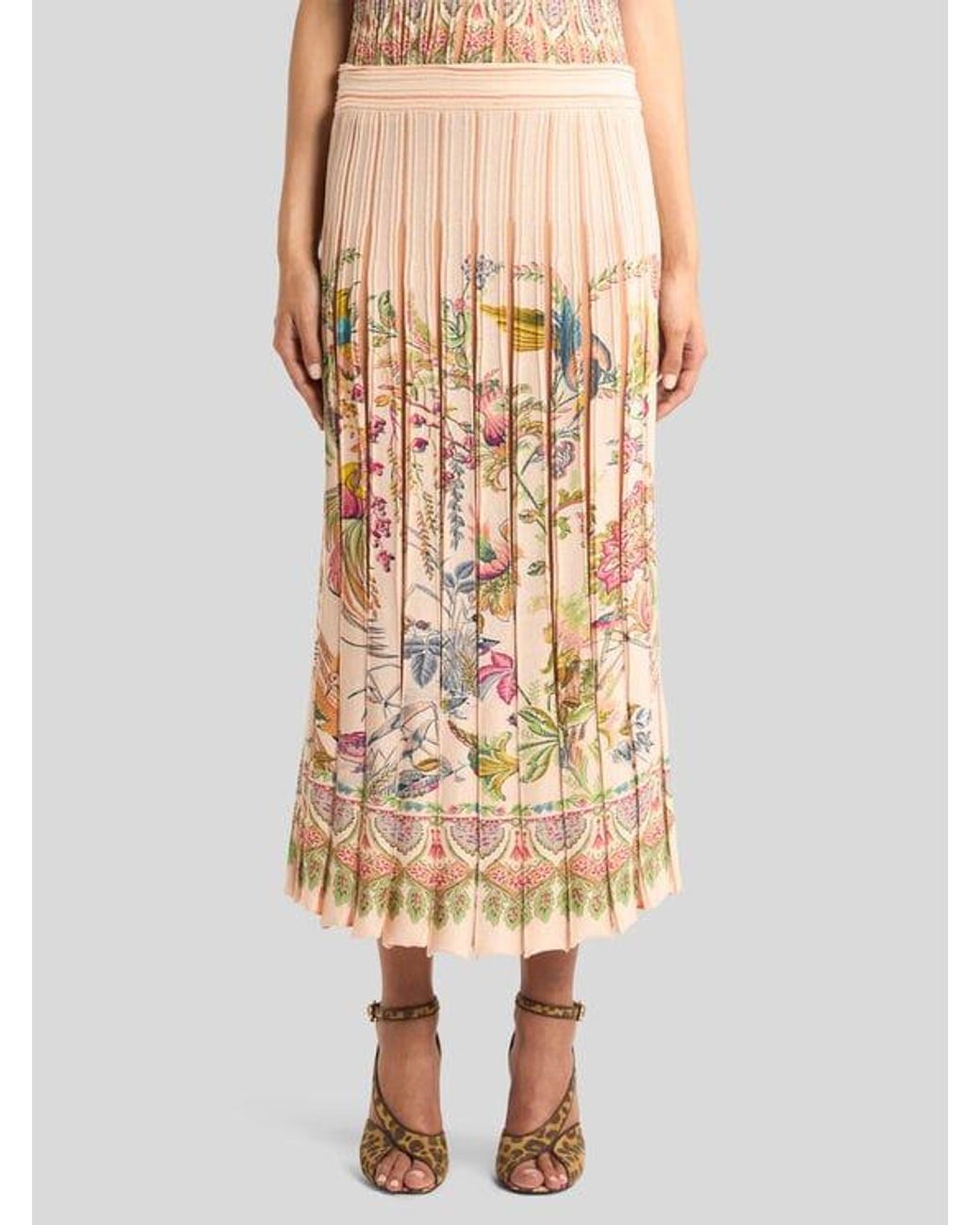 Etro White Pleated Cotton-Blend Midi Skirt With Placed Flora And Fauna Print
