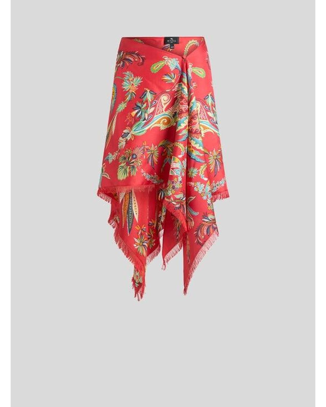 Etro Red Silk Cover-Up Pareo With Paisley Foliage Motif