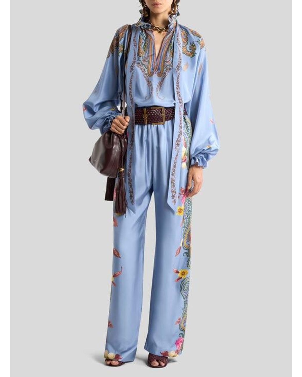 Etro Blue Silk Trousers With Placed Floral Paisley Print