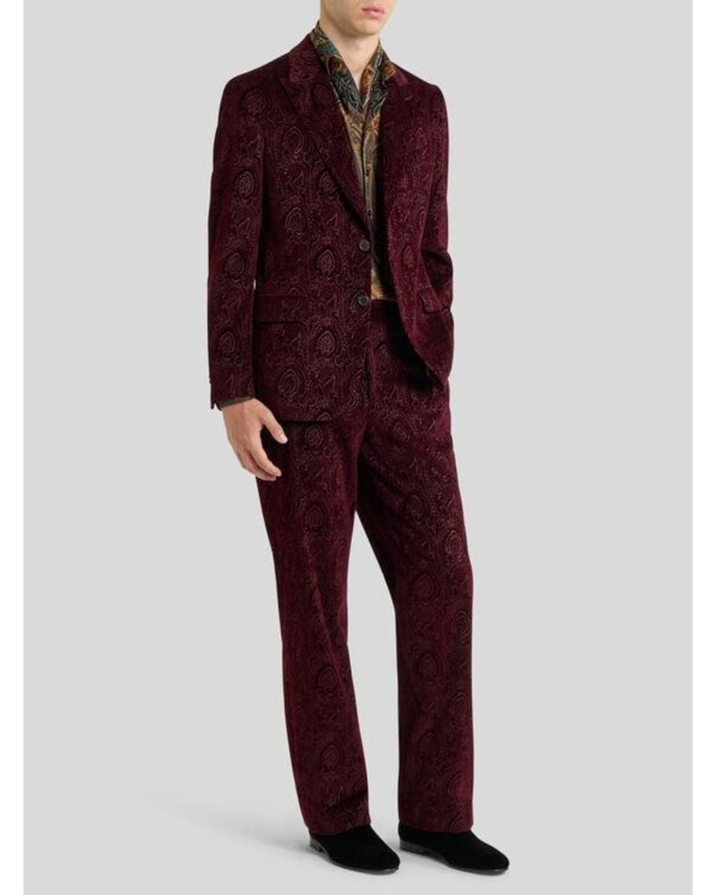 Etro Red Straight-Leg Cotton Velvet Trousers With Arnica Motif for men