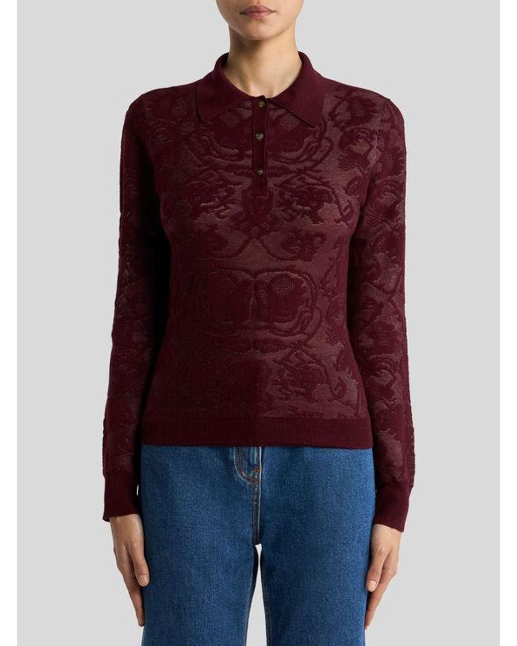 Etro Red Long-Sleeved Wool Jacquard Polo Shirt With Placed Motif