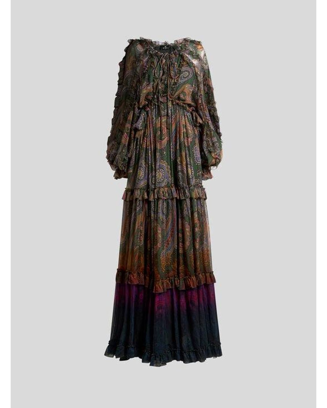 Etro Green Long Silk Dress With Ruffles And Placed Degradé Paisley Print