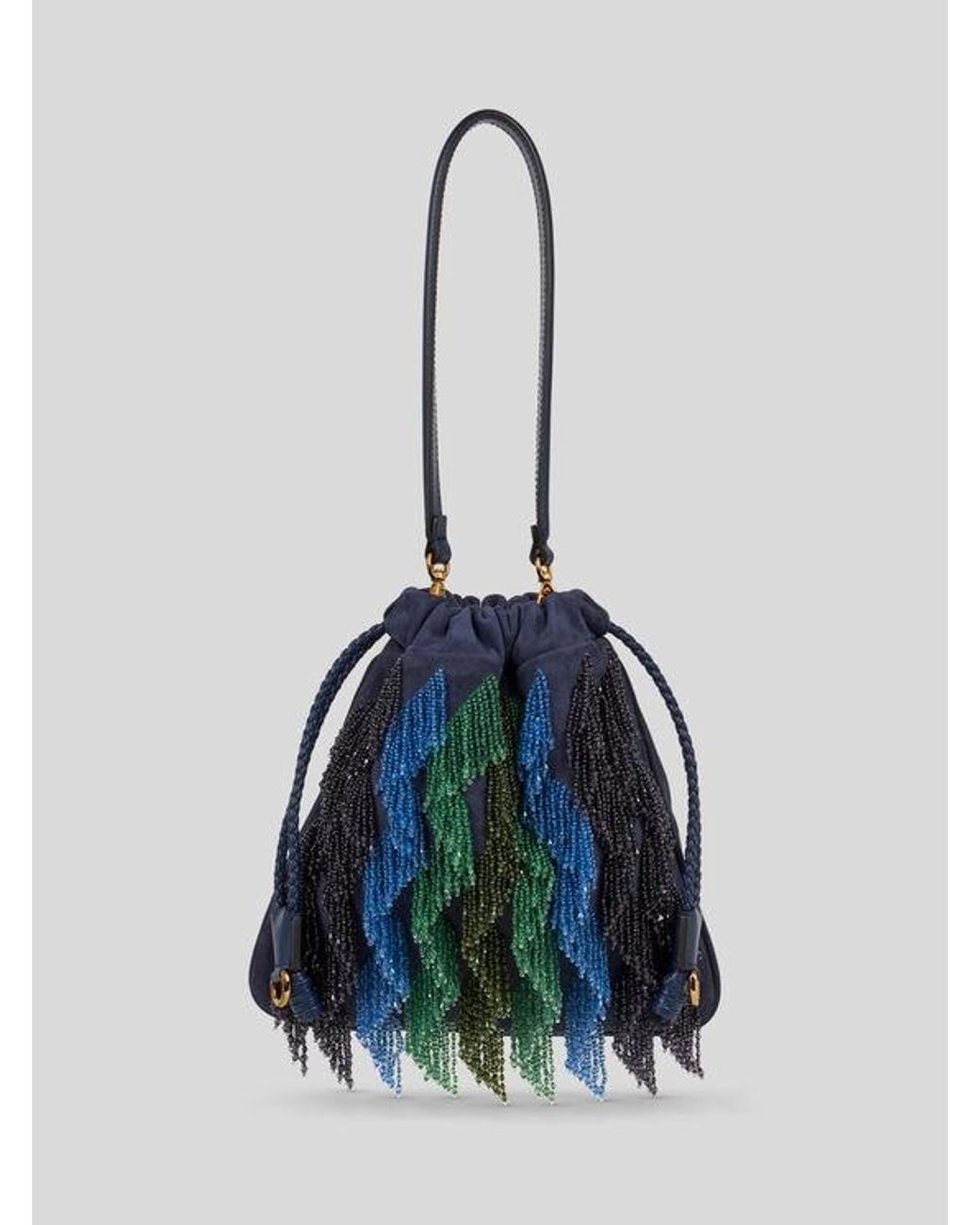 Etro Blue Small Suede Kalispera Bag With Multicoloured Beads