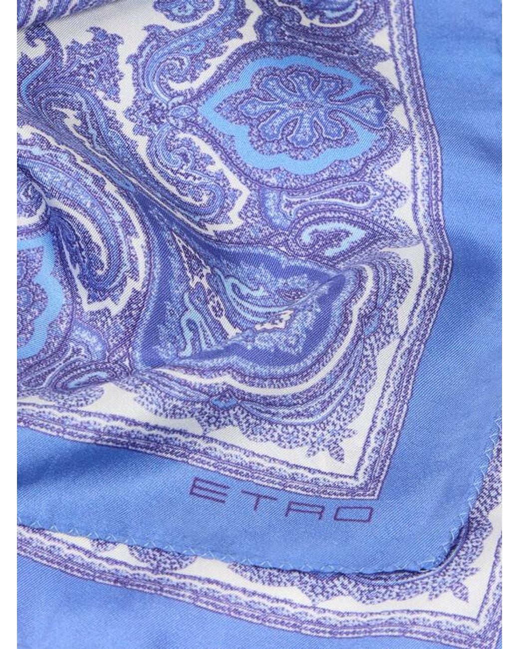 Etro Blue Silk Pocket Square With Paisley Motif for men