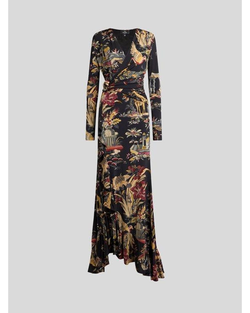 Etro Black Long Jersey Wrap Dress With Flower And Animal Motif