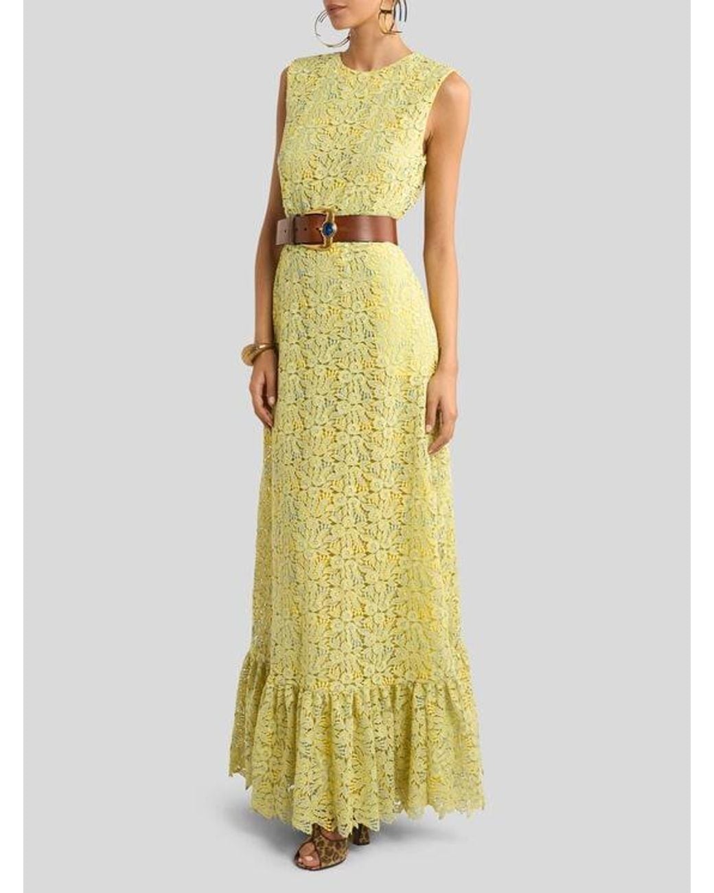 Etro Yellow Long Macramé Lace Dress With Belt