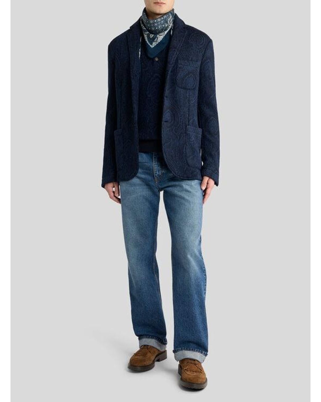 Etro Blue Single-Breasted Wool-Blend Jacquard Jacket With Arnica Motif for men