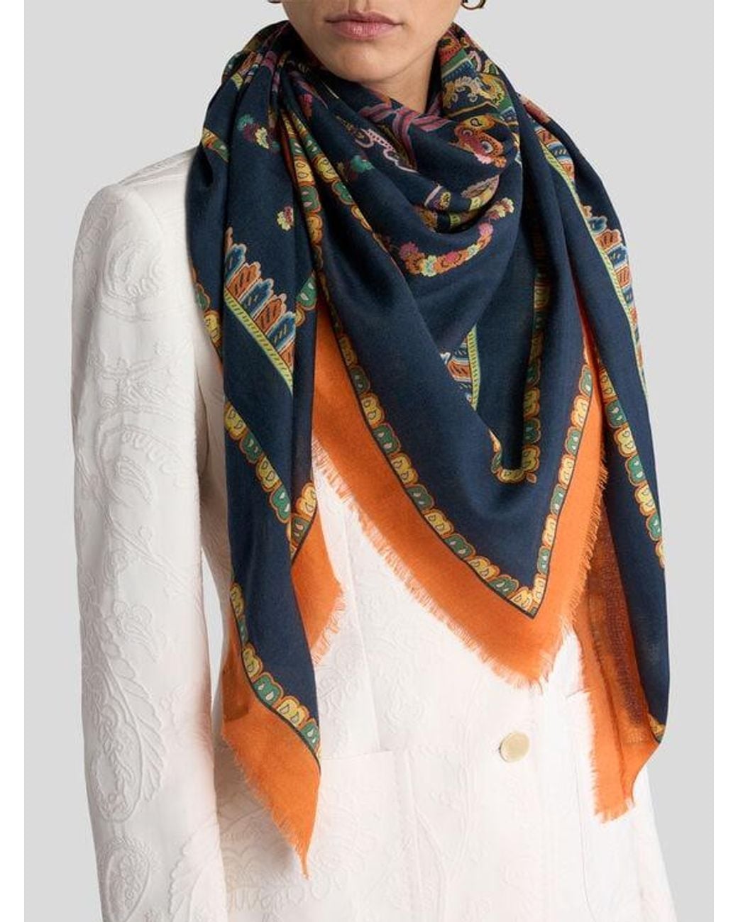 Etro Blue Floral Paisley Cashmere-Blend Shawl