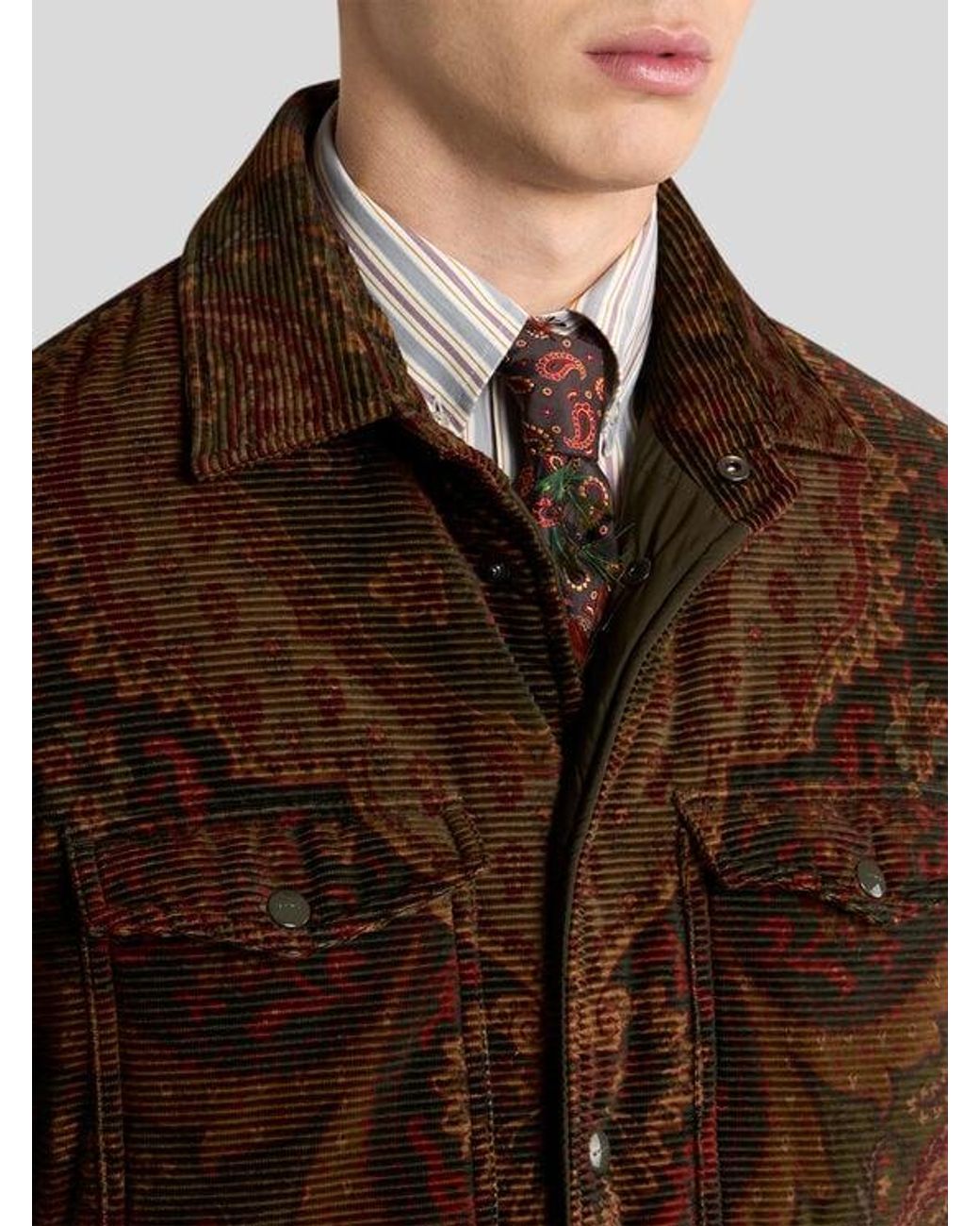 Etro Brown Padded Cotton Corduroy Shacket With Placed Floral Medallion Print for men