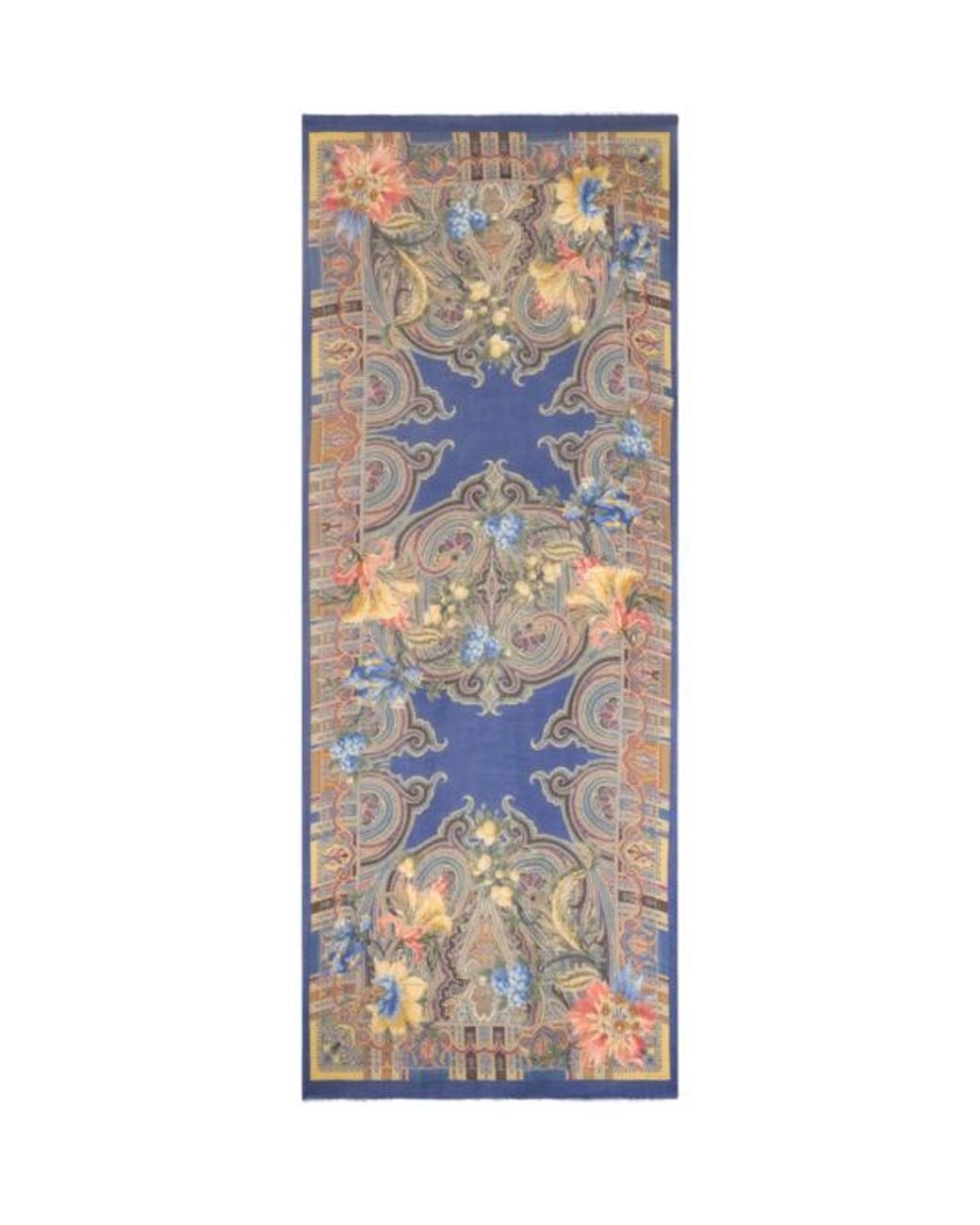 Etro Blue Wool, Cashmere And Silk Scarf With Paisley And Flower Motif