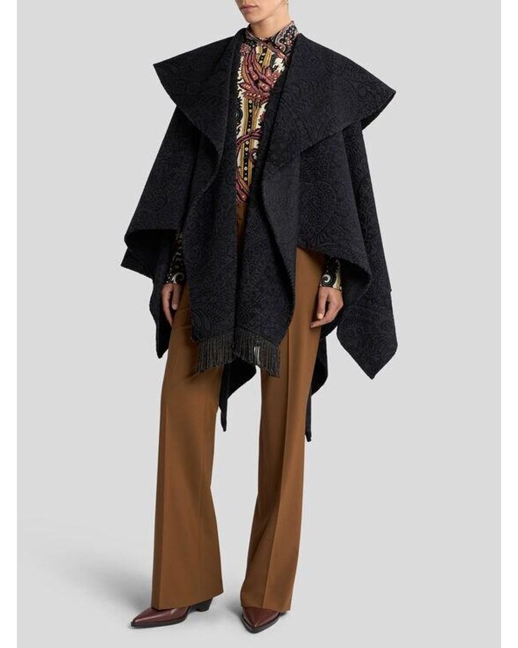 Etro Black Wool-Blend Jacquard Cape With Paisley Foliage Motif