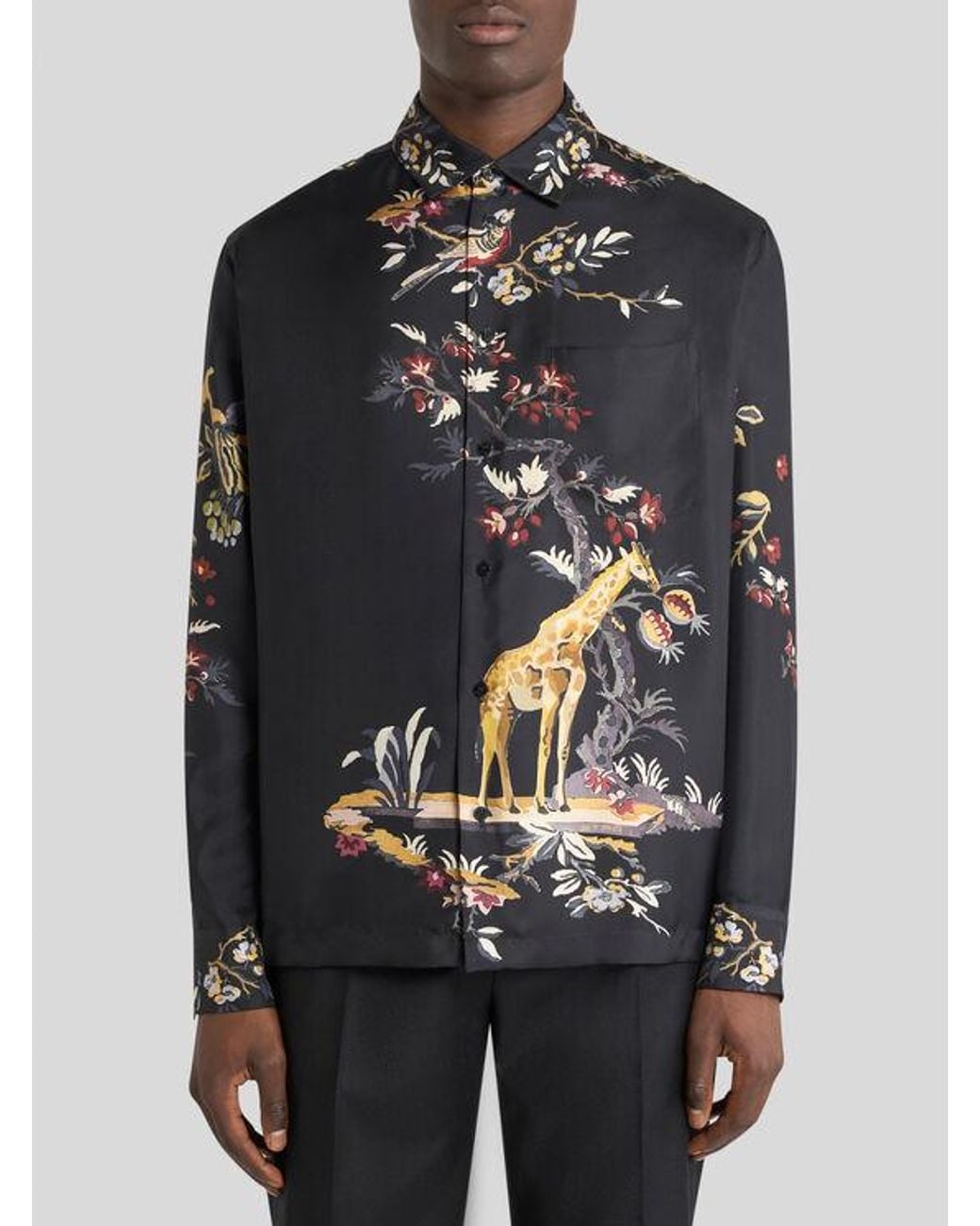 Etro Black Silk Twill Shirt With Placed Flower And Animal Print for men
