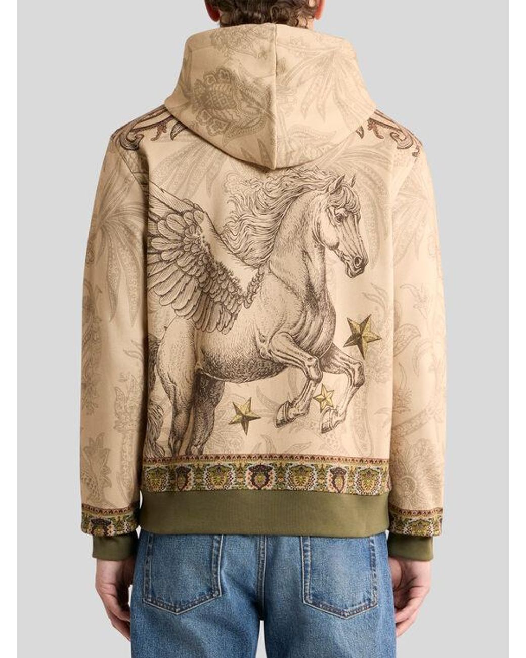 Etro Natural Cotton-Blend Hooded Sweatshirt With Placed Pegaso Print for men