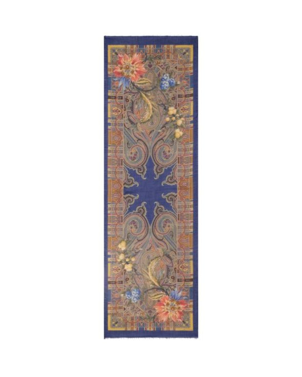 Etro Blue Wool, Cashmere And Silk Scarf With Paisley And Flower Motif