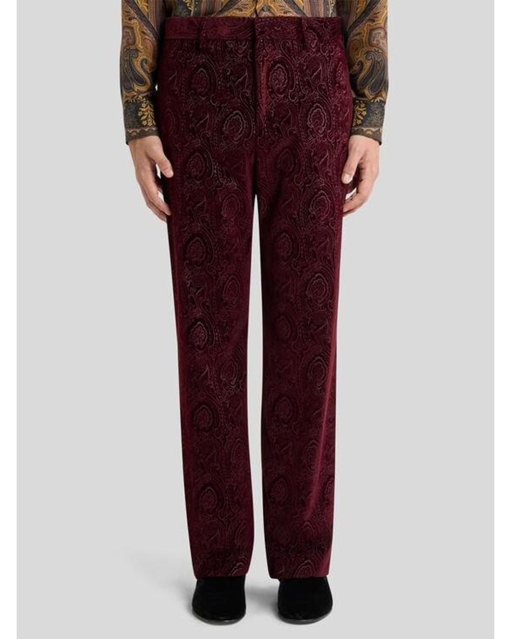 Etro Red Straight-Leg Cotton Velvet Trousers With Arnica Motif for men