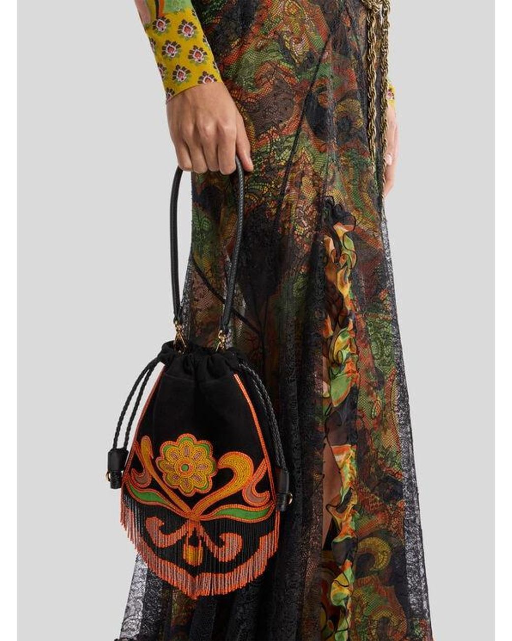 Etro Black Small Suede Kalispera Bag With Beads And Fringes