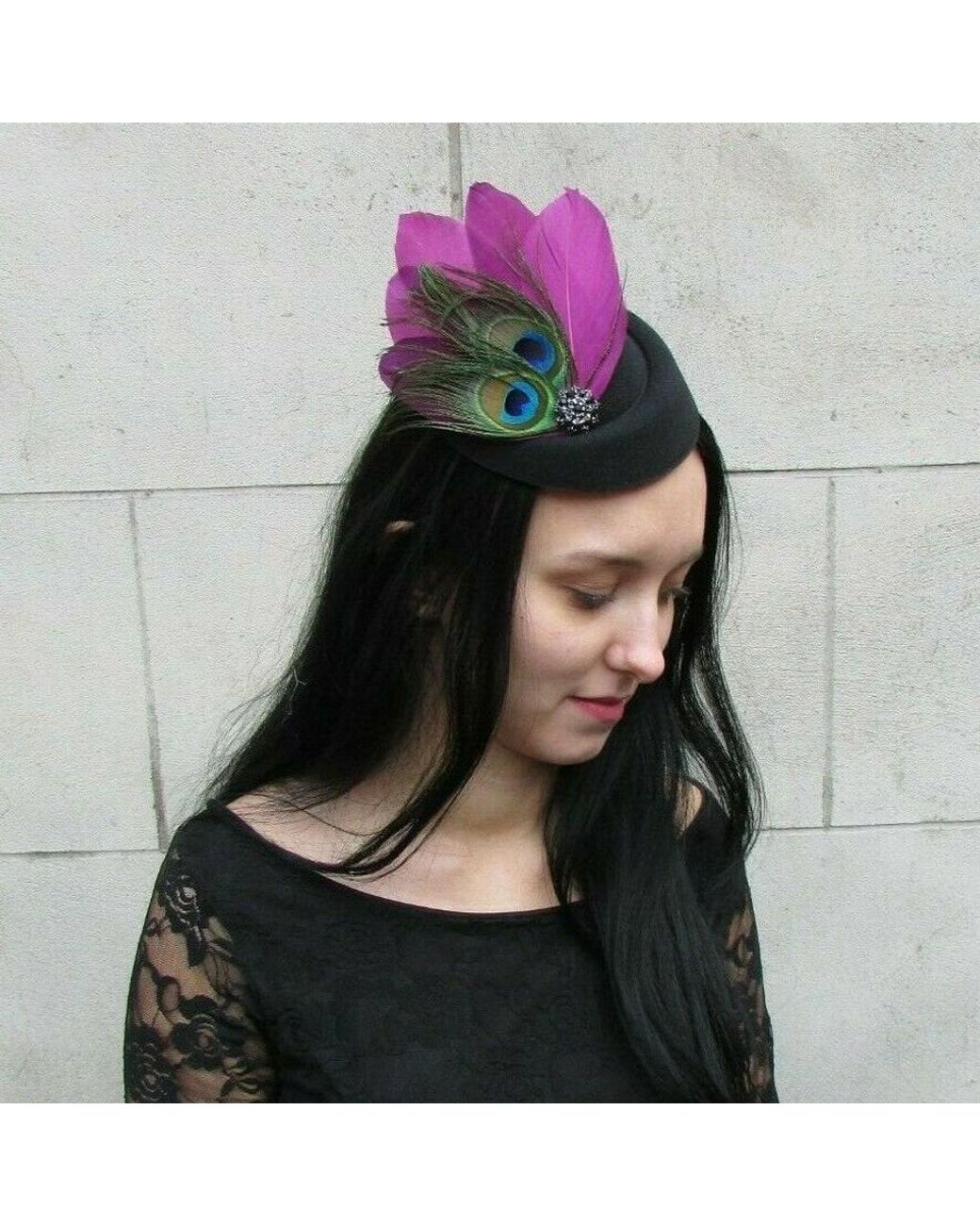 Black Dark Green Rose Flower Feather Pillbox Hat Fascinator Races Hair 6408