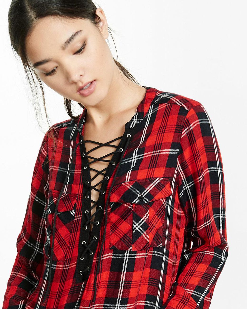Red And Black Plaid Lace-up Shirt 