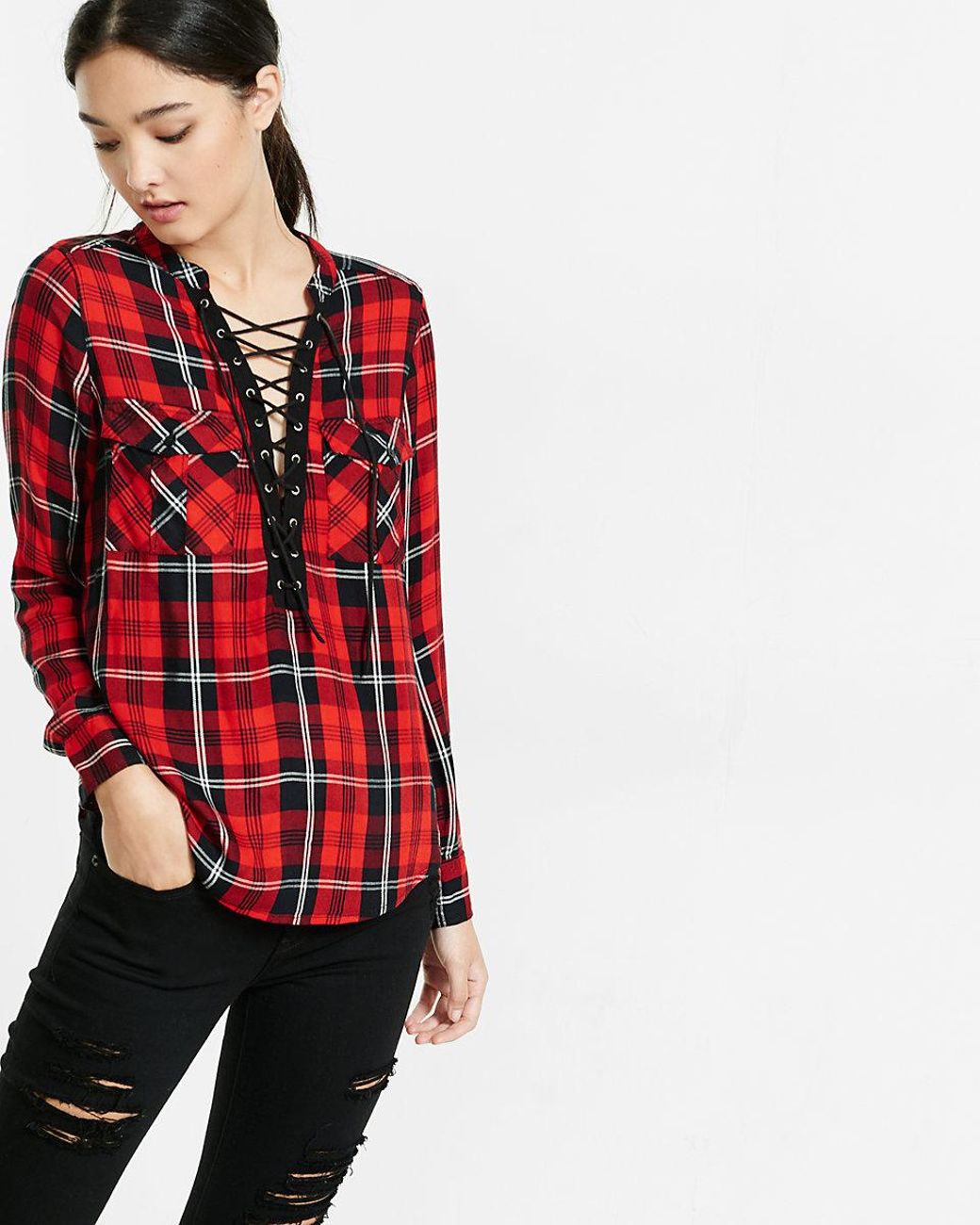 Red And Black Plaid Lace-up Shirt 