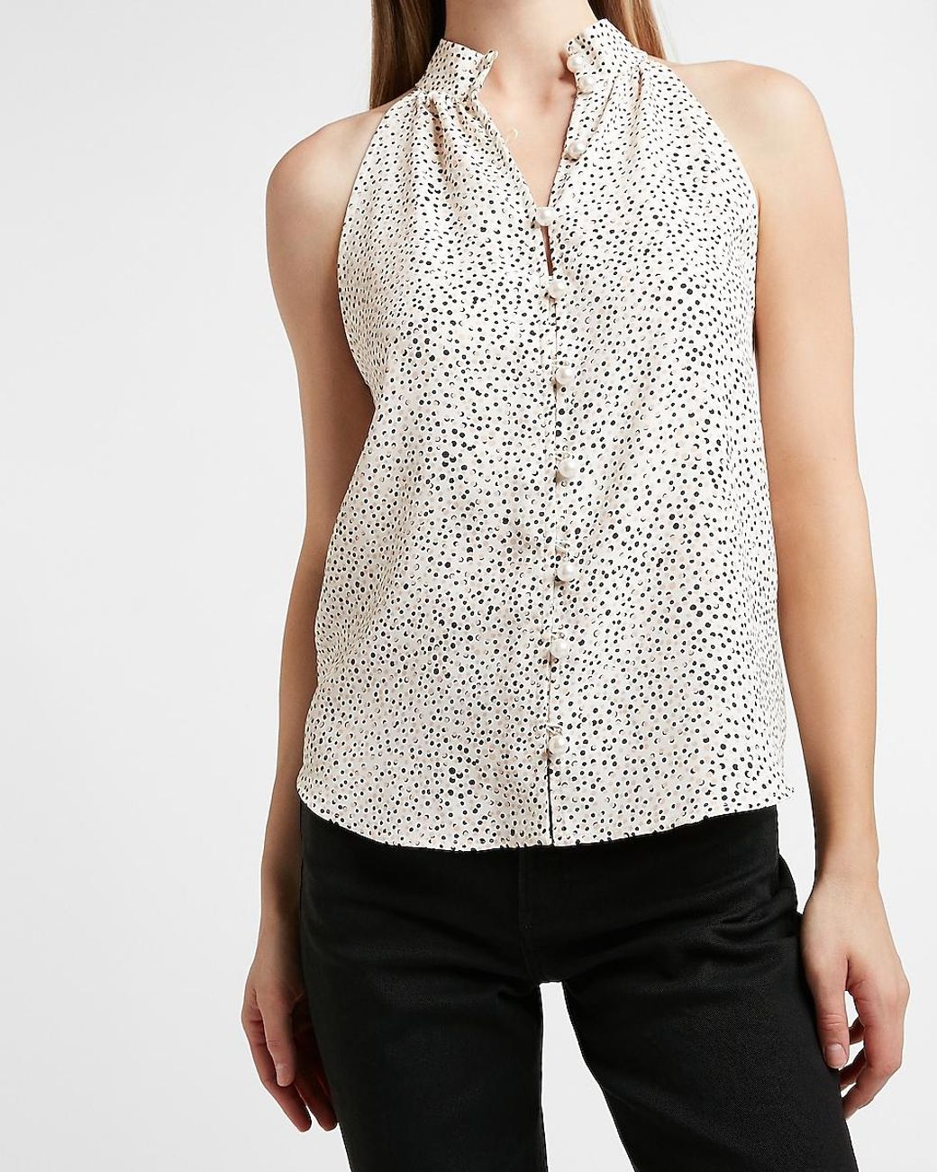 Download Express Denim Printed Sleeveless Mock Neck Pearl Button Shirt Pink Print - Lyst
