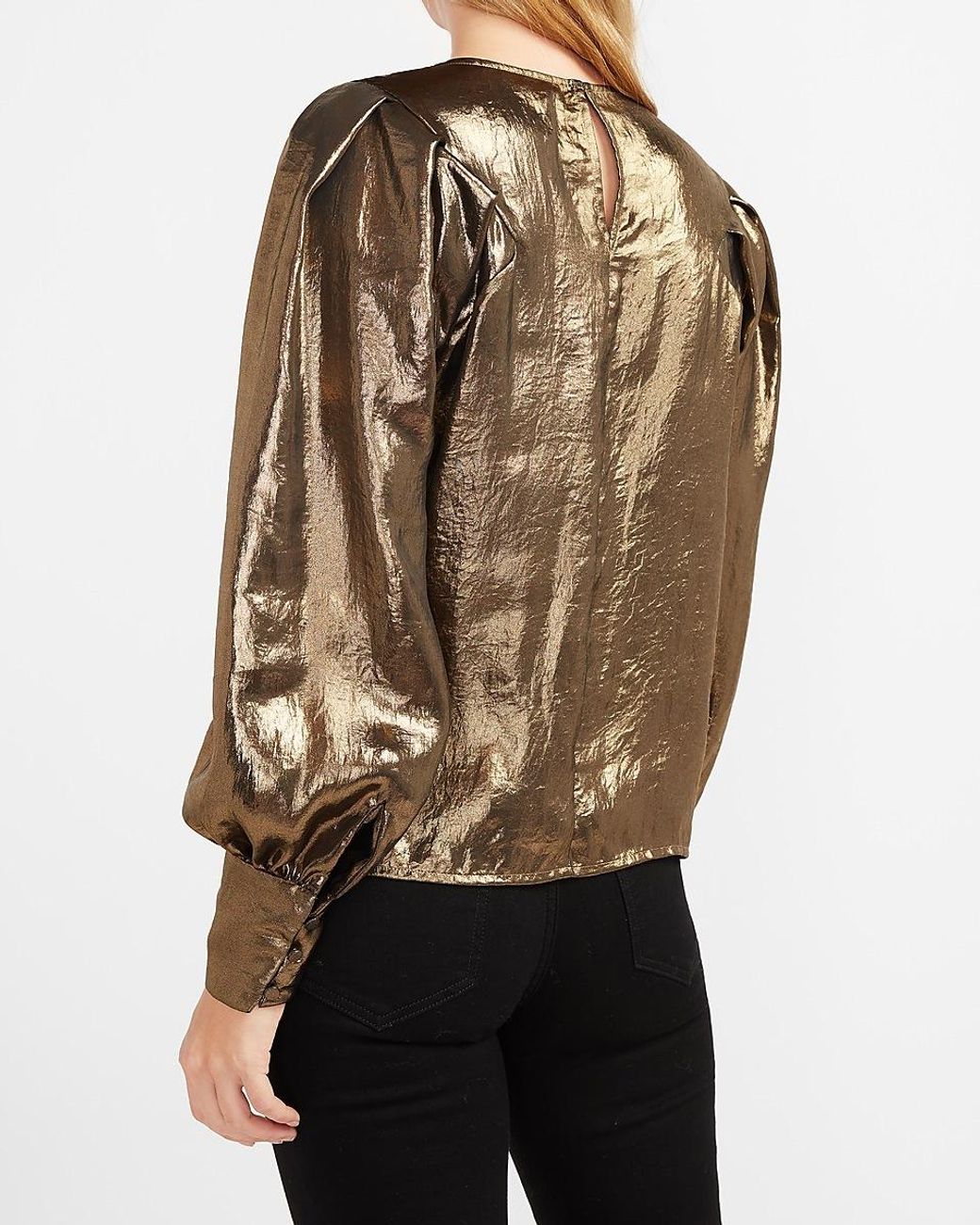 Express Denim Gold Foil Pleated Balloon Sleeve Top Gold in Metallic - Lyst