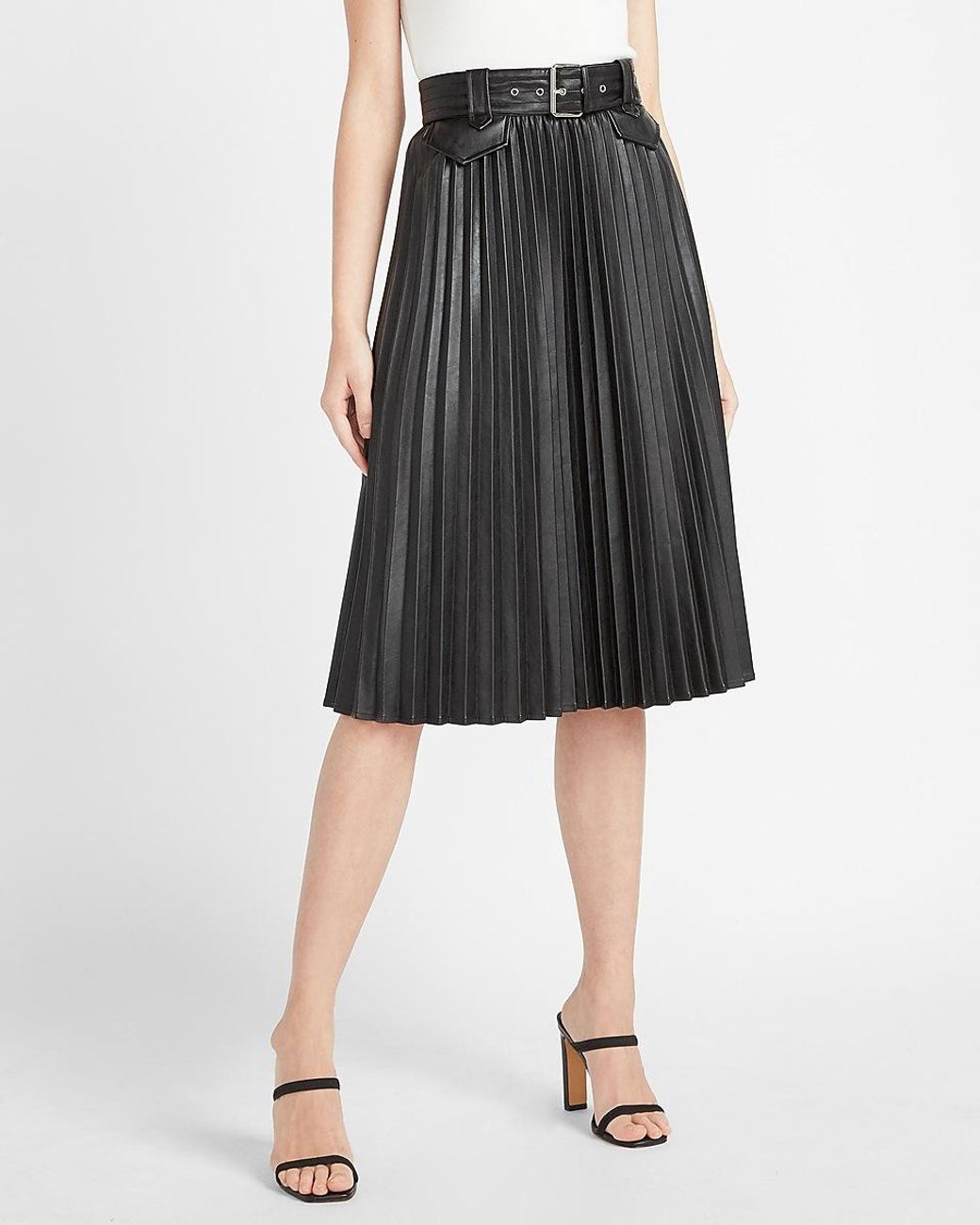 Express High Waisted Faux Leather Belted Pleated Midi