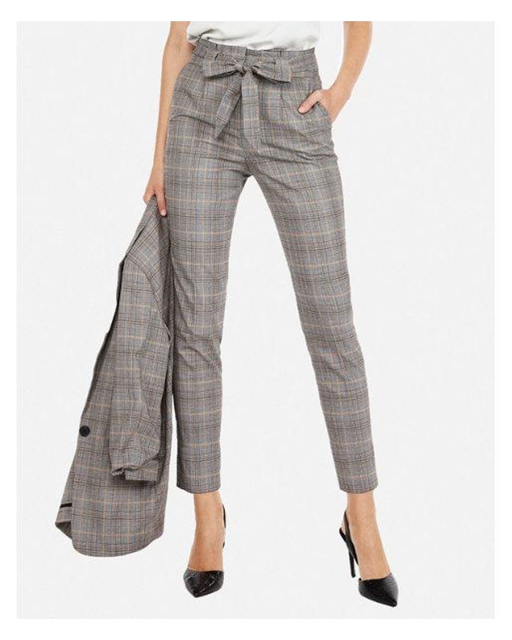High Waisted Plaid Paperbag Ankle Pant 