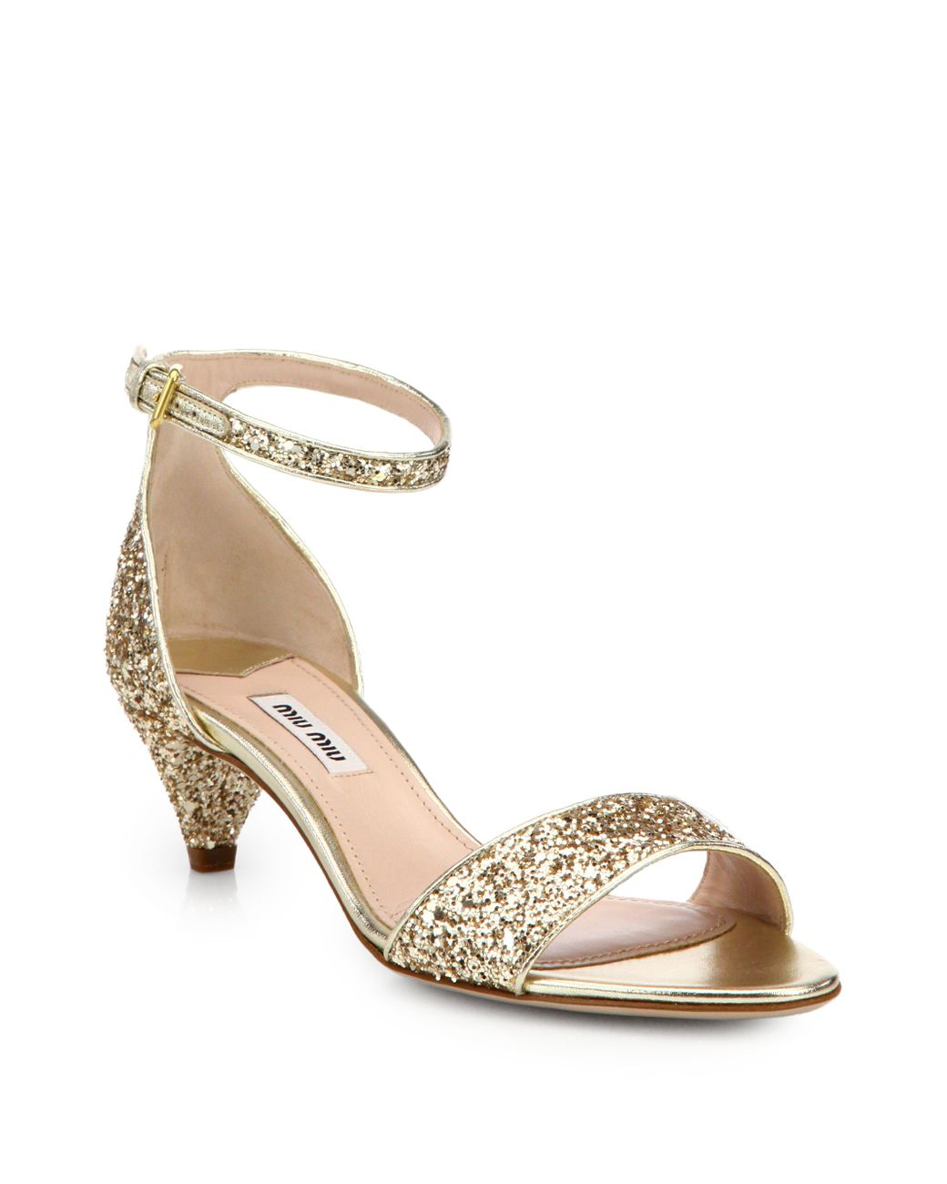 Miu Miu Jeweled Glitter Kitten-Heeled Sandals in Metallic | Lyst