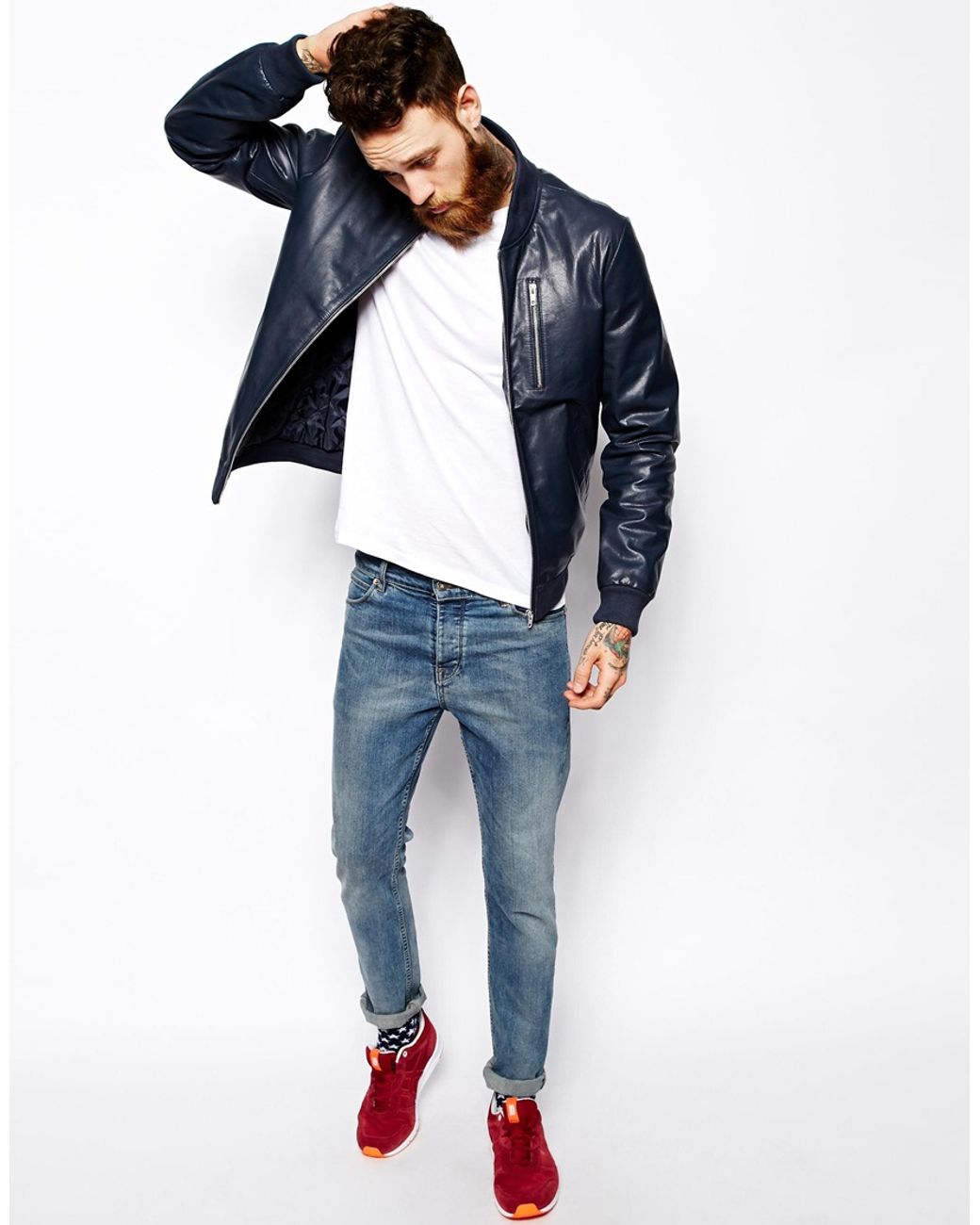 ASOS Leather Bomber Jacket in Blue for Men | Lyst