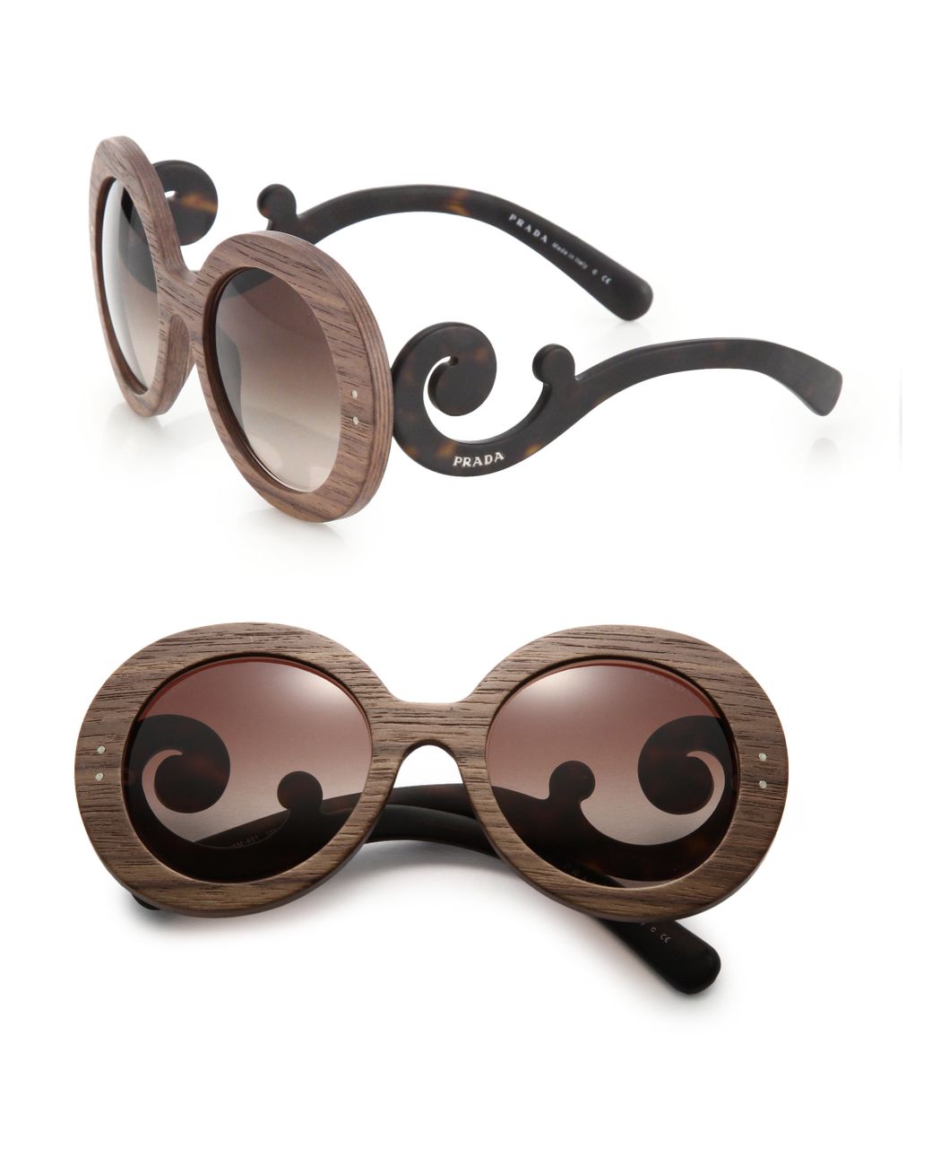 Prada Wooden 55mm Round Sunglasses in Brown | Lyst