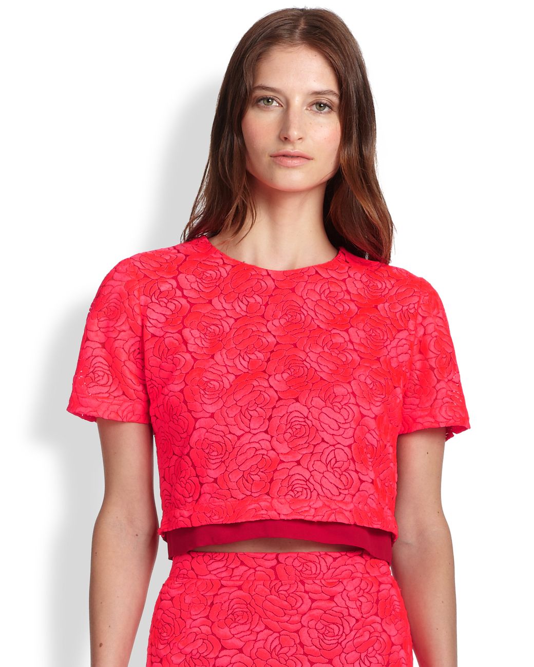A.L.C. Thompson Silk Satin LacePaneled Crepe Cropped Top in Neon Pink
